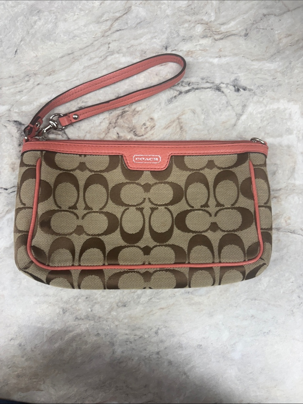 Coach Canvas Wristlet/ shoulder bag in Brown with Coral Trim
